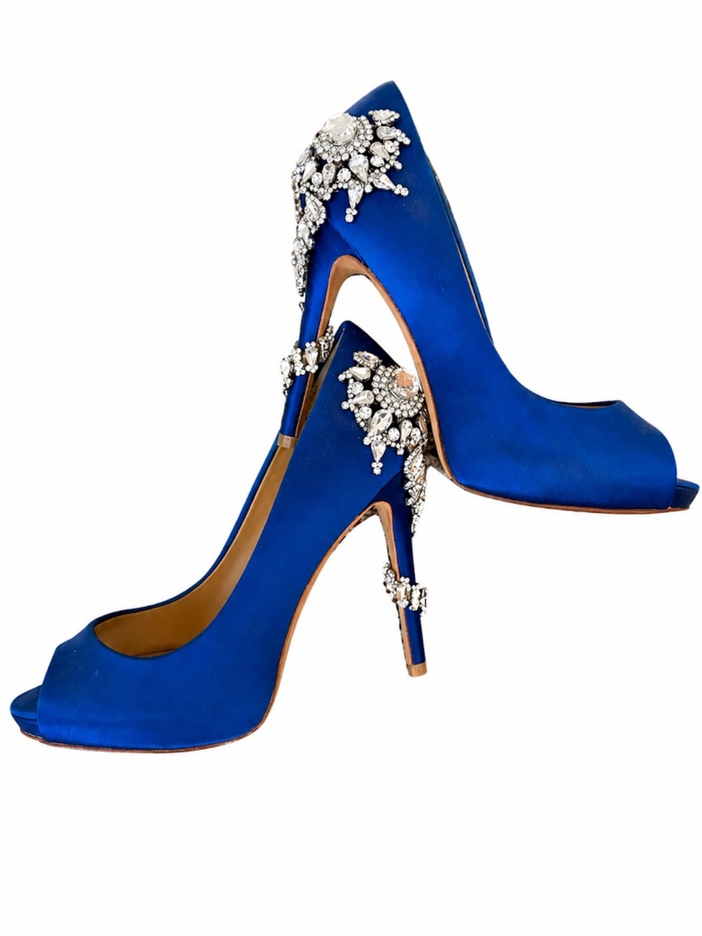 Badgley Mischka Blue Satin Crystal Heels Size 6 Peep Toe Stiletto Pumps